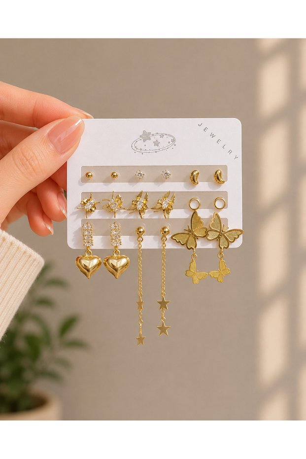 Women's Gold Earring Set 9 Pairs (18 Pieces) |   Tarnish Resistant Brass Star Heart Butterfly Figured Earring Set