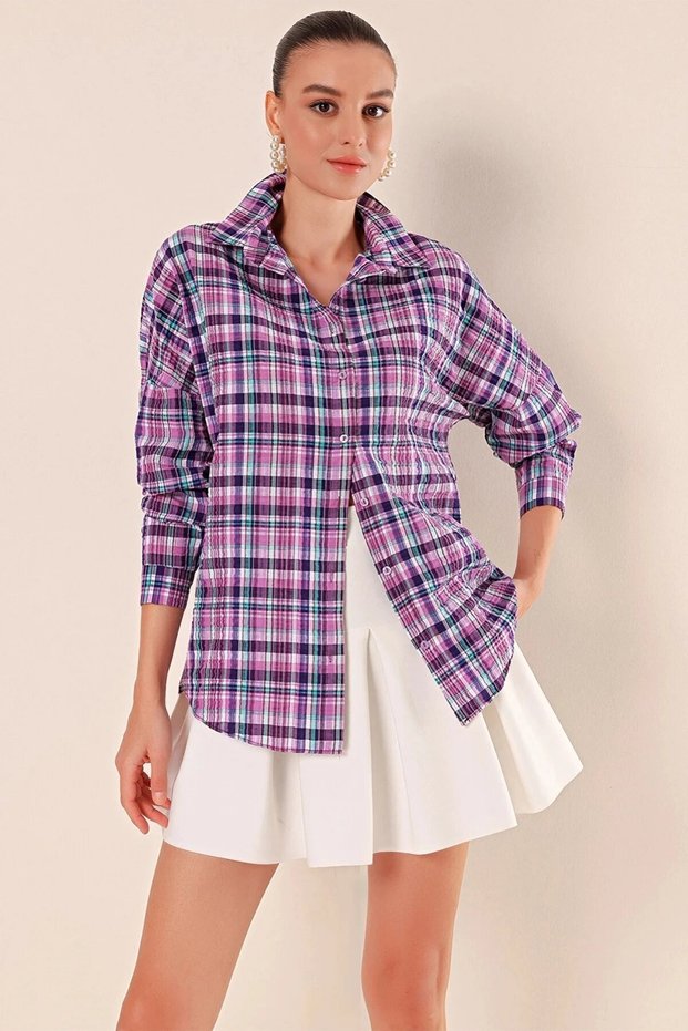 Women's Lilac Purple White Striped Checkered Plaid Shirt Hzl22W-Bd1201451