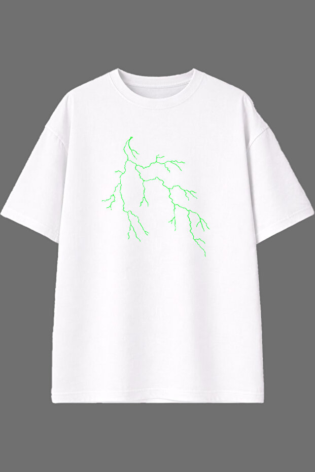 Green Lightning Design Front Printed White Oversize T-Shirt