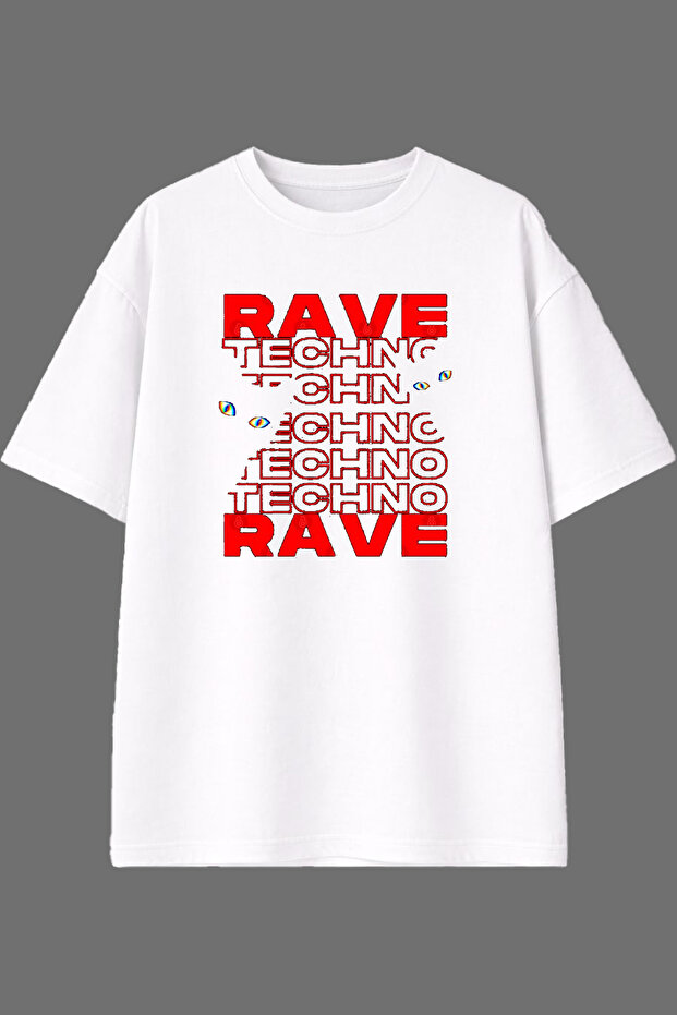 Rave Techno Rave Design Pre-Printed White Oversize t Shirt