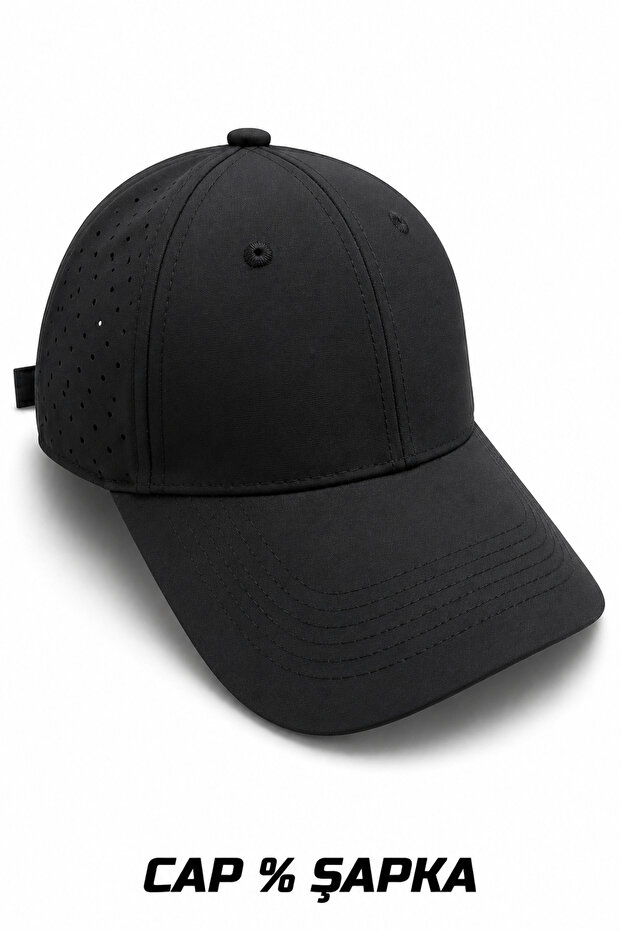 Unisex Black Cotton Sports Hat - Breathable Perforated Cap