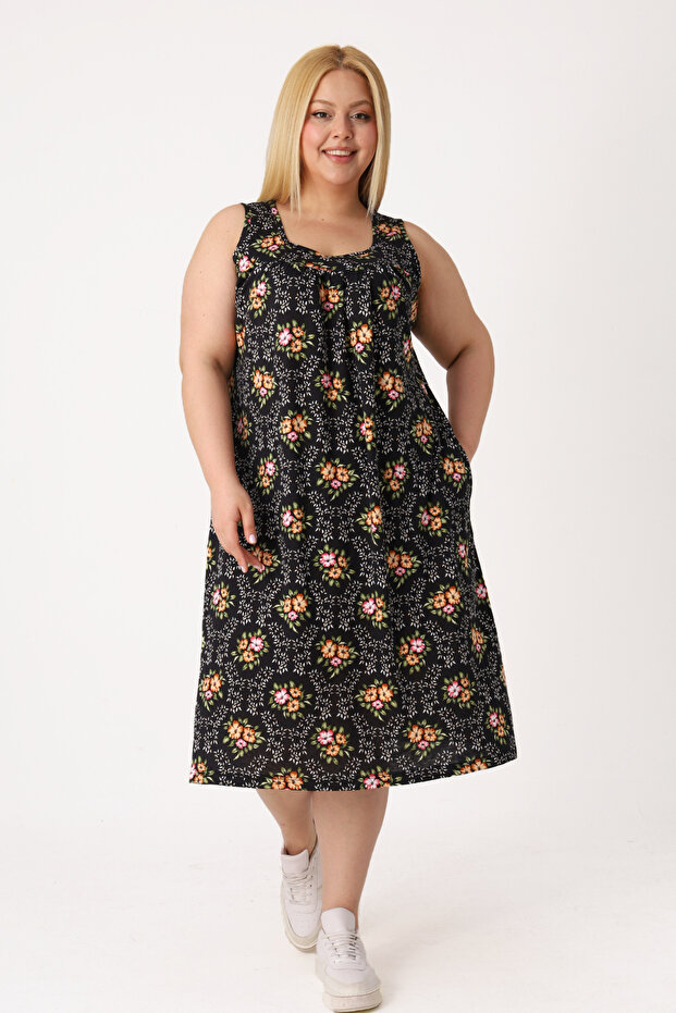 Women's Large Size Black Patterned Pocket Sleeveless Cotton Dress