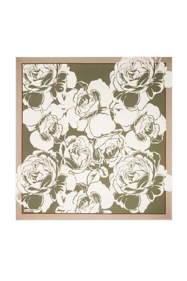 Khaki Floral Pattern Tivil Silk Scarf