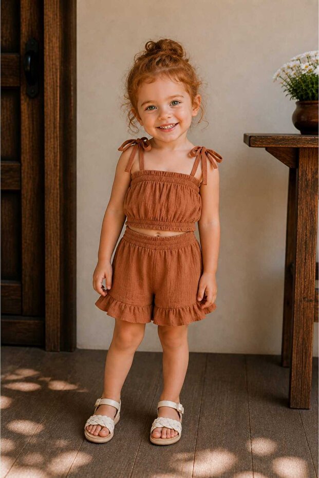 Girl's Muslin Elastic Crop Blouse & Ruffle Shorts Set