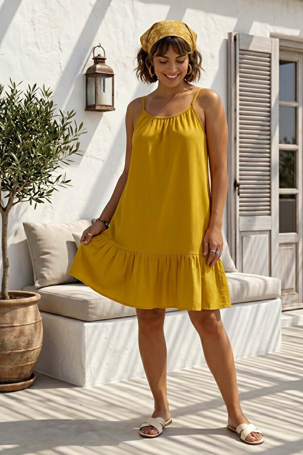 Mustard Skirt Ruffled Adjustable Strap Casual Viscose Standard Woven Dress 95 64