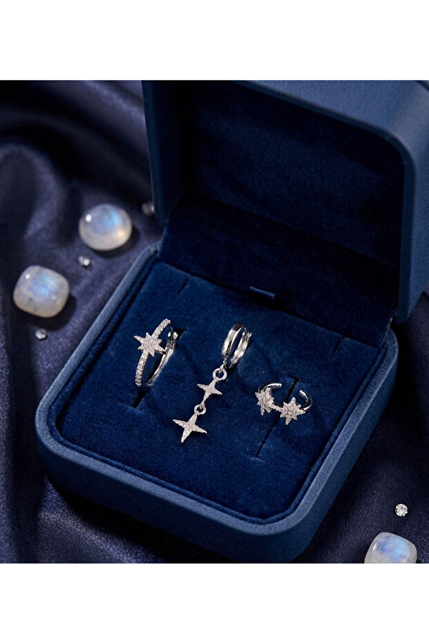 Brass Zircon Stone Butterfly and Dangling Star Model Silver Color 3-Piece Earring Set