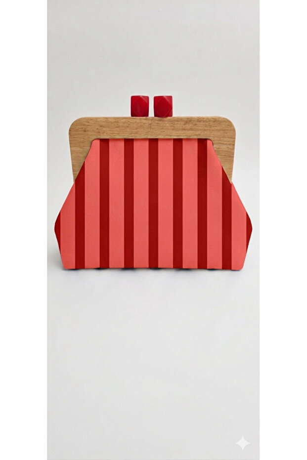 Red Tone Surton Striped Model Wooden Scholarship Chain Strap Clutch Shoulder Bag