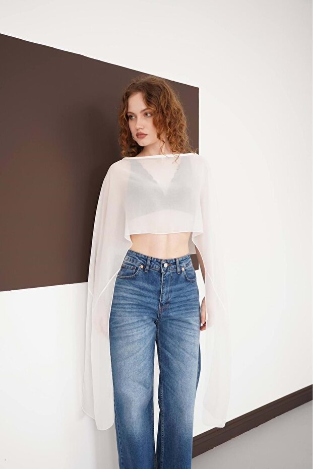 Asymmetric chiffon see-through tulle crop cape