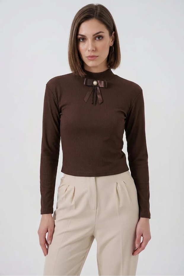 Women's Turtleneck Brown Blouse with Ribbon Detail