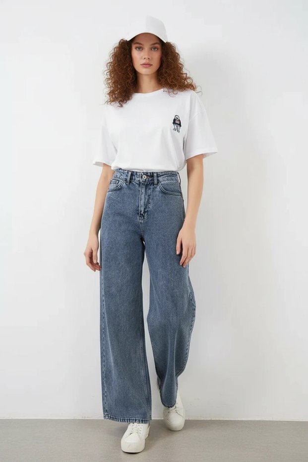 Women's High Waist Denim Wide Leg Blue Palazzo Pants