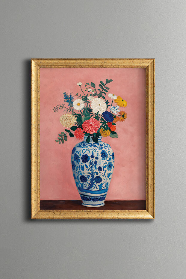 Spring Flowers in a Blue Patterned Vase - Vintage Patterned Frame - Slim Model