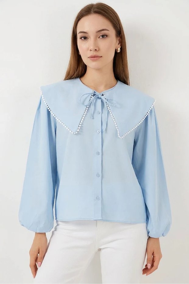Women's Baby Collar Scallop Detail Cotton Blue Shirt