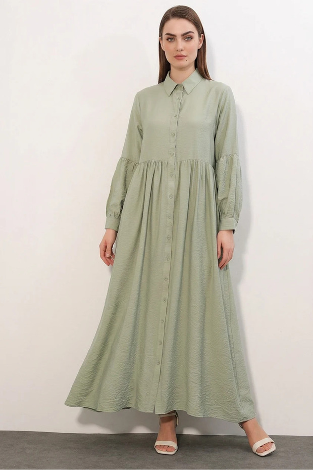 Women's Shirt Collar, Gathered Waist, Balloon Sleeves, Buttoned, Green, Hijab Dress