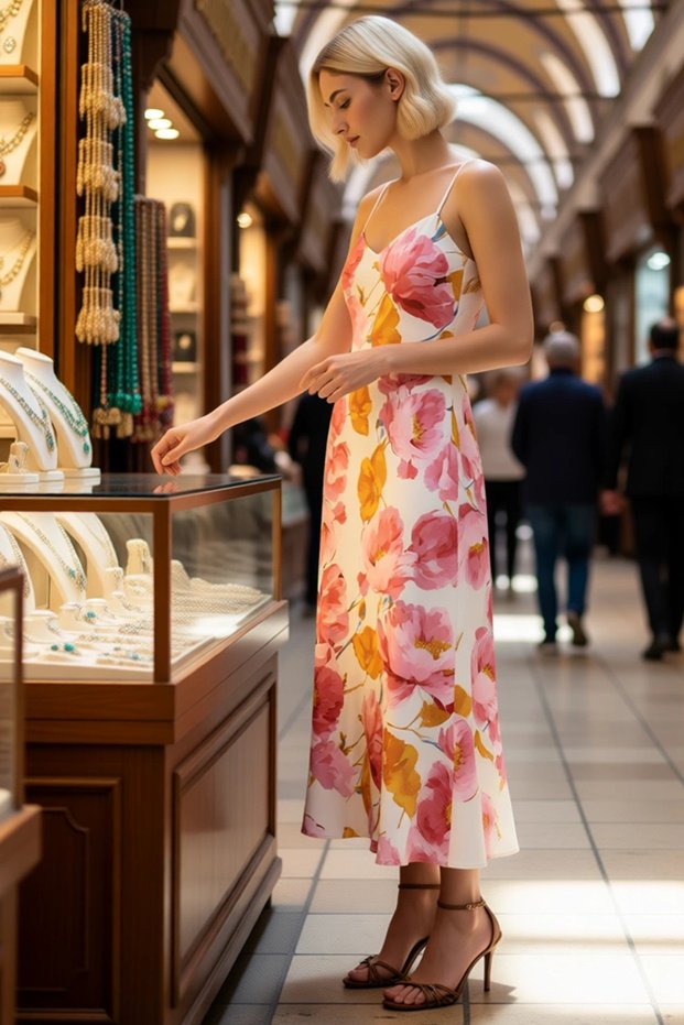 Women's V-Neck Thin Strap Floral Pattern Maxi Woven Dress Lined A-Line Comfortable Casual Modern Stylish