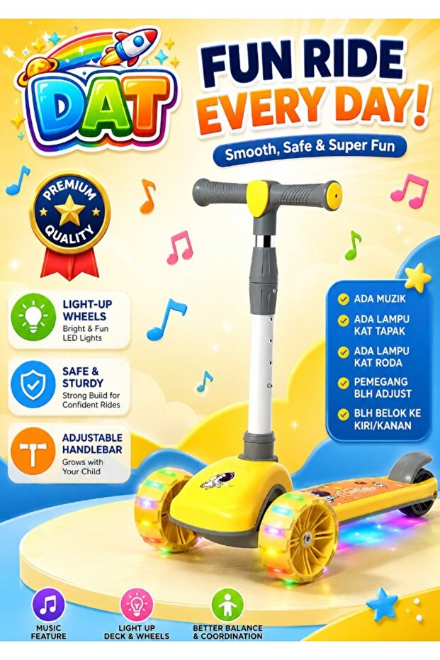3 Wheel Scooter for Kids with LED Light-Up Wheels, Foldable Adjustable Height, Anti-Slip Deck, Music, Ages 3-8