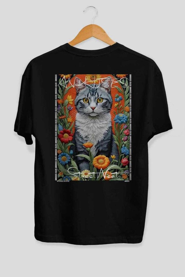 76 Cats for the Sake of Cats Printed Black Oversize T-Shirt 100% Cotton Unisex Cat Lover Premium Design