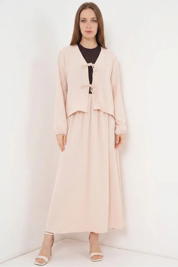 Women's V-Neck Gathered Waist Belted Cream Double Set