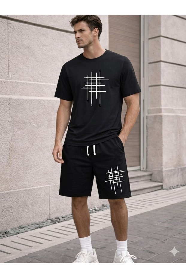 2022.5 Unisex Oversize Shorts T-Shirt Set – Minimal Line Patterned Summer Casual Combination
