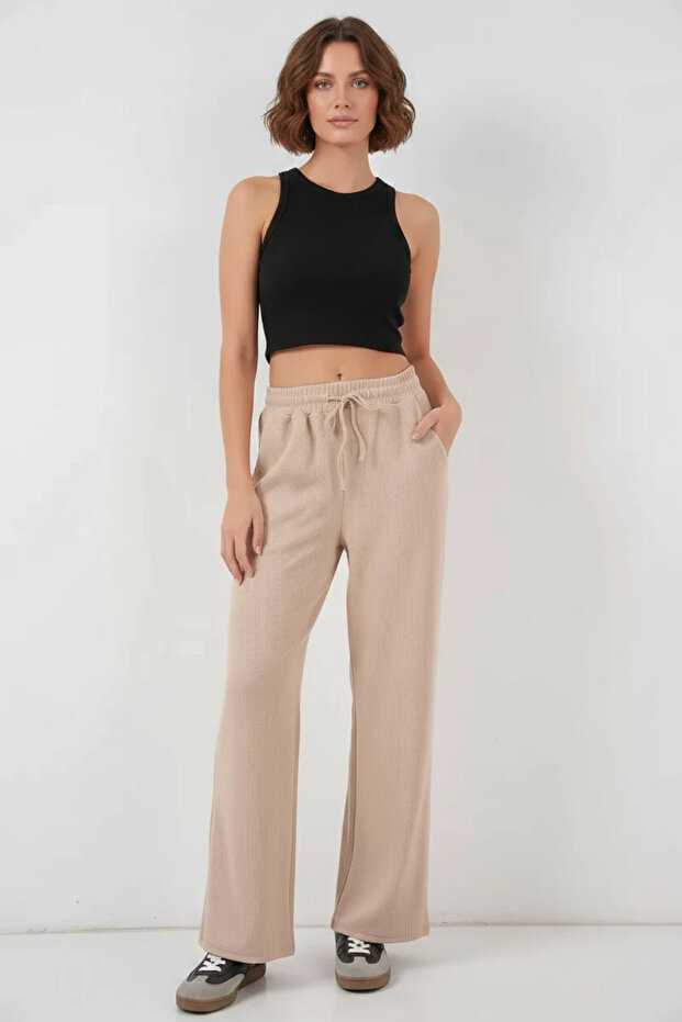 Women's Beige Corded Waist Drawstring Trousers