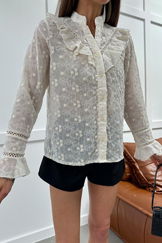 Hakim Collar Flower Embroidered Shirt Stone