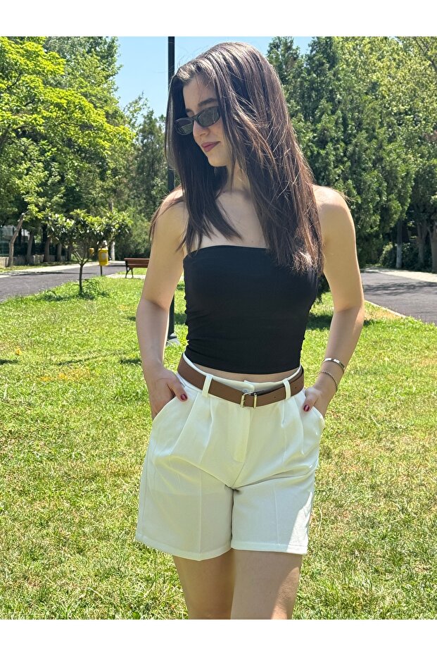 Women's Brown Belted High Waist White Bermuda Shorts