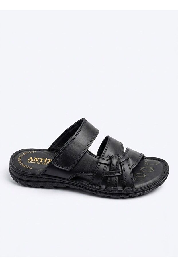 Men's Black Genuine Leather Daily Slippers with Comfortable Sole and Stitched Details 1759