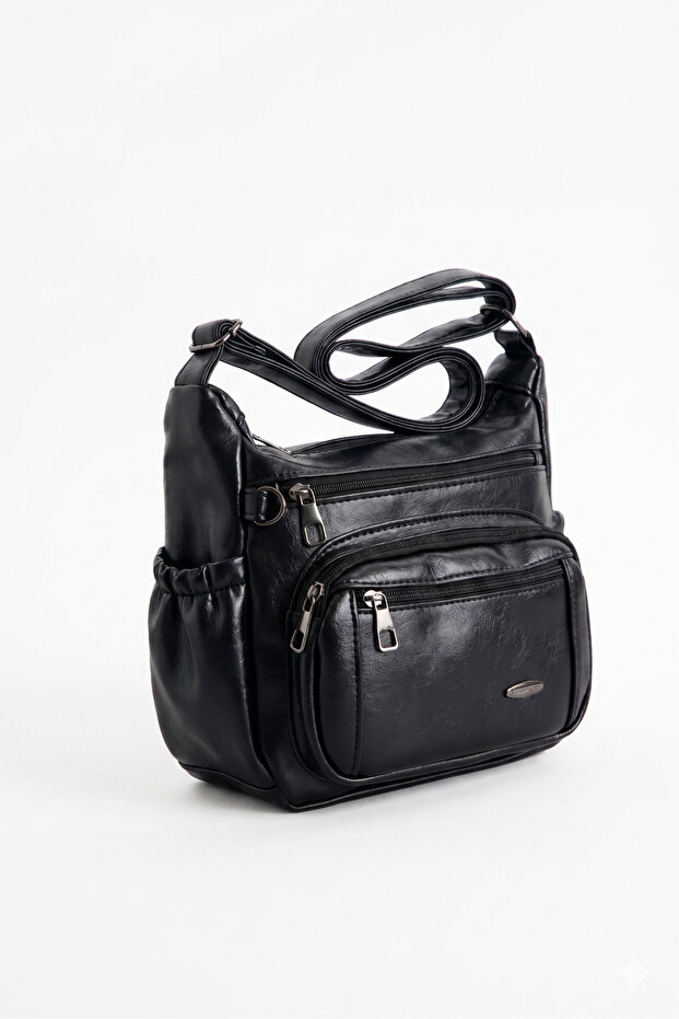 Women's Black First-Class Vegan Leather Multi-Compartment Crossbody Shoulder Bag - Casual and Stylish