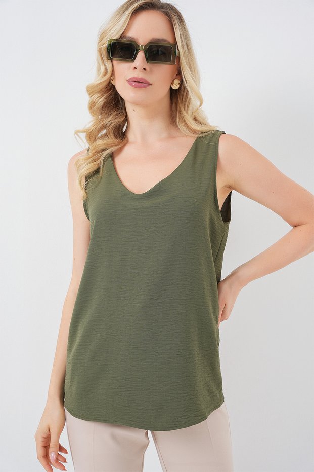 Women's V-Neck Zero Sleeve Blouse 1450 - Khaki
