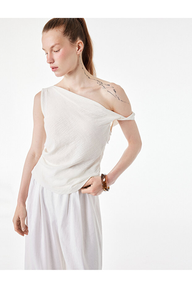 Linen Look Slim Fit Sleeveless Asymmetrical Cut Boat Neck Blouse