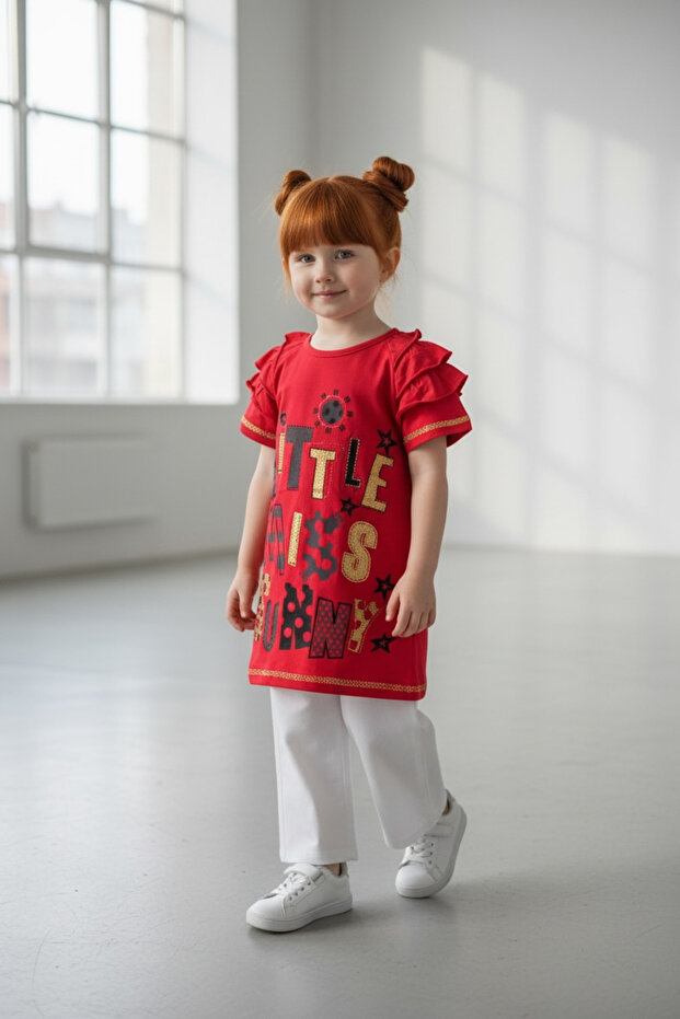 Girl's Printed T-Shirt with Ruffled Sleeves