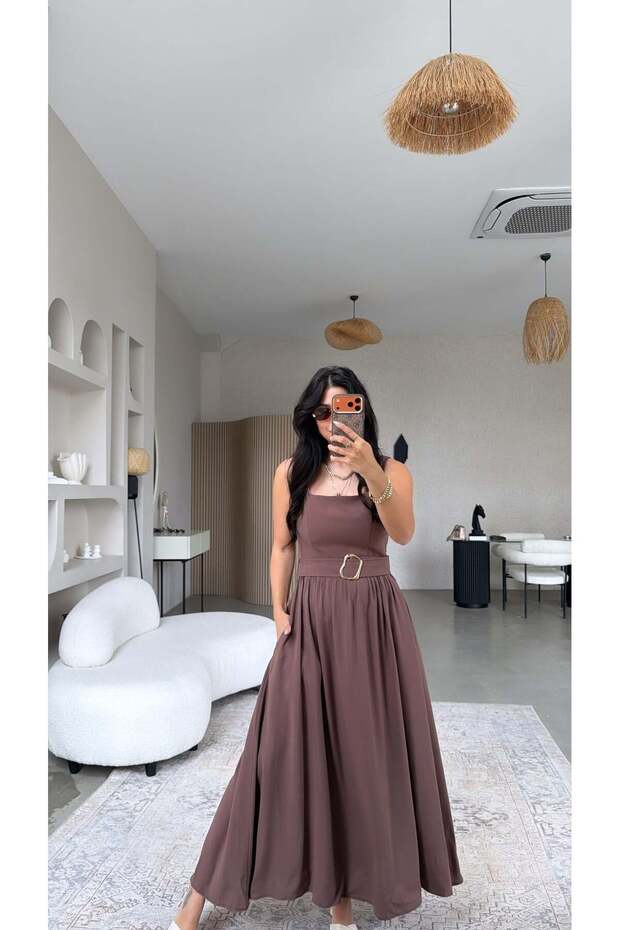 Brown Linen Gold Belted Square Neck Long Dress