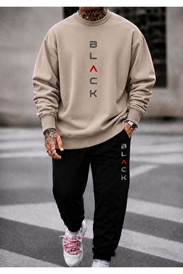 Unisex Wide Cut Zero Neck and Sweatpants Set with Black Print