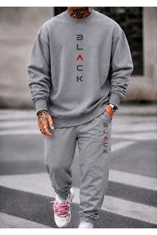 Unisex Wide Cut Zero Neck and Sweatpants Set with Black Print