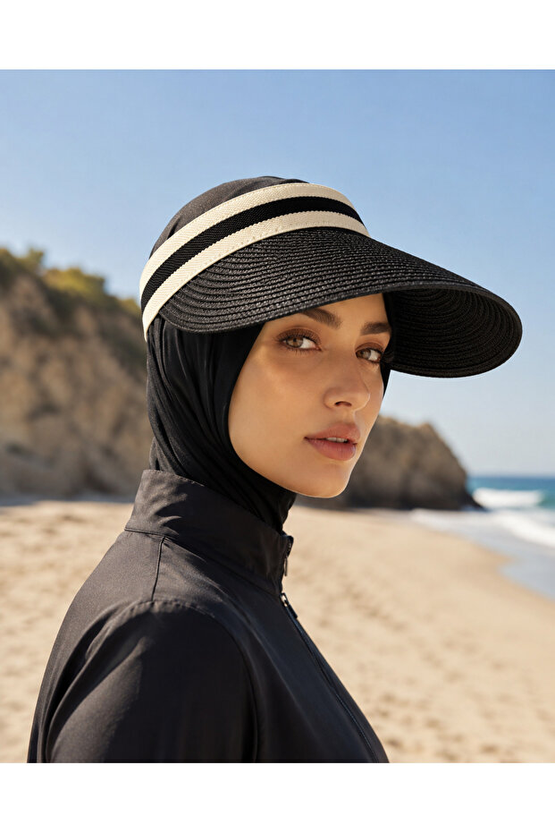 قبعة نسائية سوداء من القش بحافة واسعة واقية من الشمس للصيف والشاطئ والعطلات