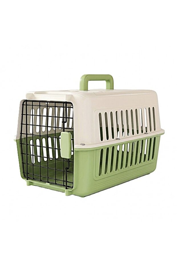 Premium Plastic Pet Carrier – Green with Beige Top, Secure Metal Door Travel Crate for Small Pets
