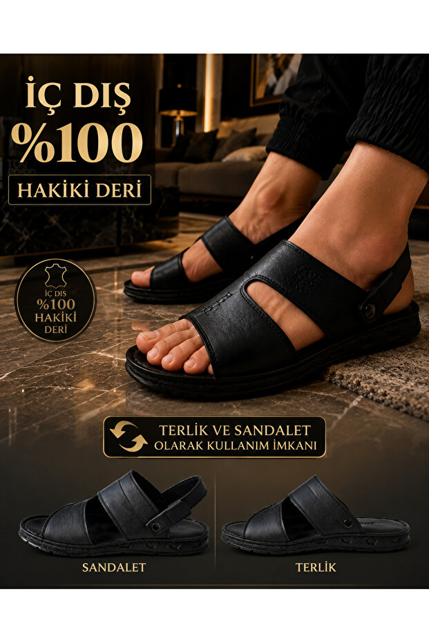 Cooka Shoes Men's Black Genuine Leather Sandals Slippers – 100% Leather Inside and Out, Comfortable and Stylish for Daily Use