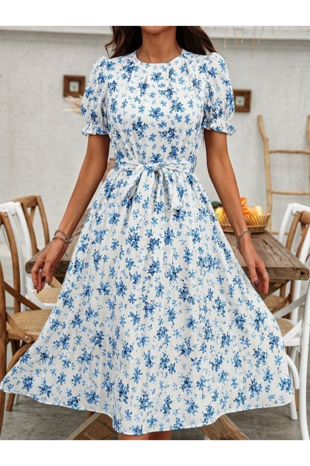 Women's Short Sleeve Collared Waist Belted Leopard Print Midi Single Jersey Dress