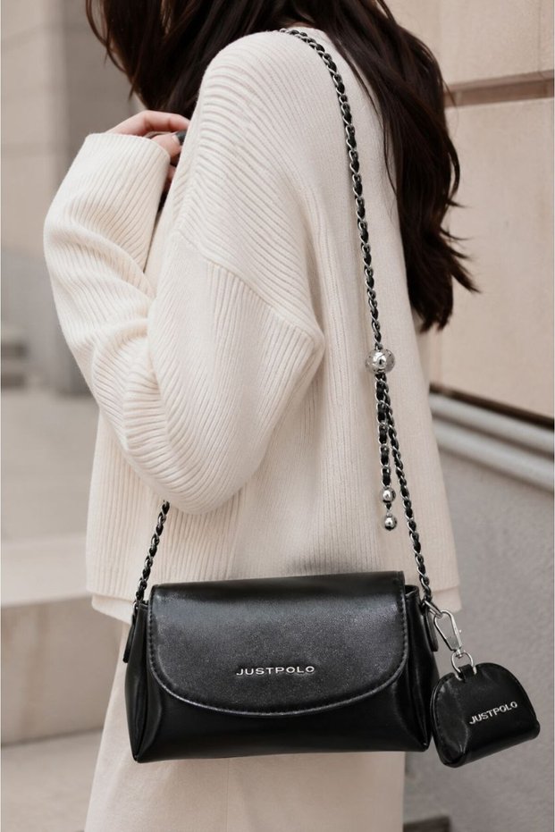 Women's Original Soft Leather Chain Detailed 4-Compartment Shoulder and Crossbody Bag