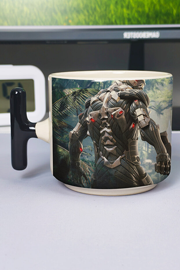كوب سيراميك فاخر مطبوع عليه Crysis (قطعة واحدة) بمقبض أسود خاص على شكل حرف T V1T