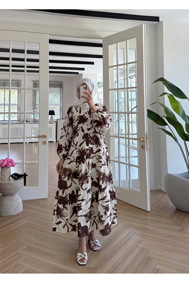 Women's Floral Patterned Front Buttoned Long Summer Efil Efil Maxi Hijab Dress 135 cm