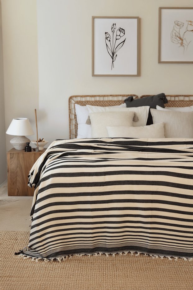 Striped Navy Blue 100% Cotton Bedspread 200X240Cm