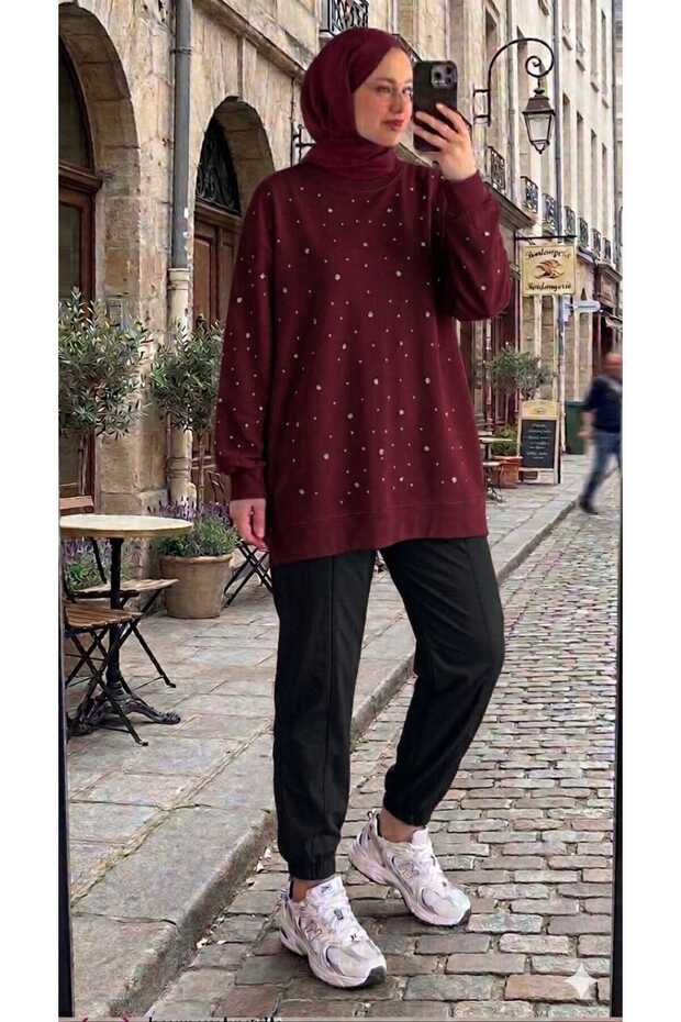 Women's Stone-Embellished Casual Hijab Sweatshirt Tunic