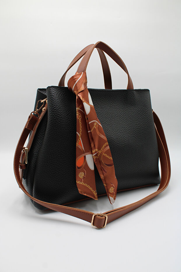 Women's Black Tan Large Size Inner Pocket Double Handle Scarf Detailed Useful Cross Strap Hand and Shoulder Bag