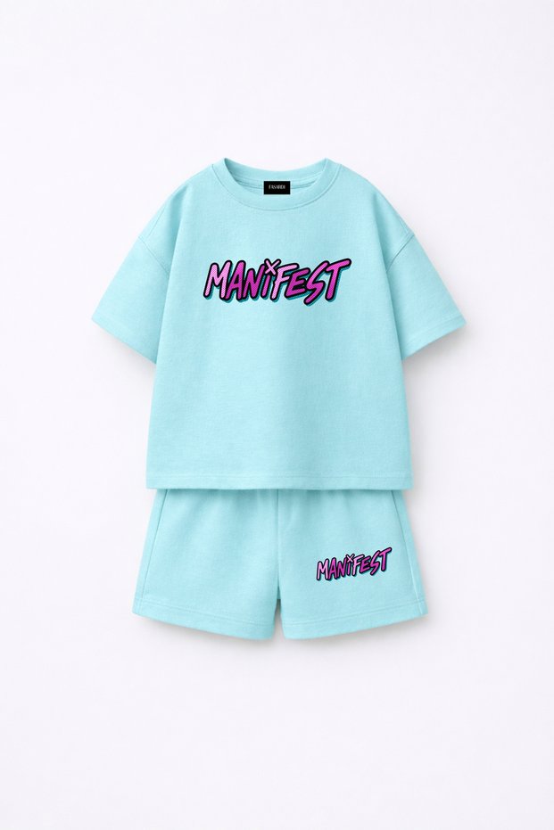 Manifest Girls Logo Printed Oversize 100% Cotton T-Shirt Shorts 2-Piece Kids Set