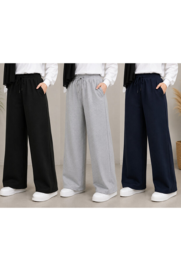 3-Piece Black Gray Navy Blue Wide Leg Sweatpants for Daily Use Plus Size
