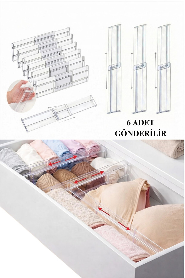 Elegance Transparent Adjustable Drawer Organizer Set of 6 Laundry Makeup Jewelry Kitchen Organizer
