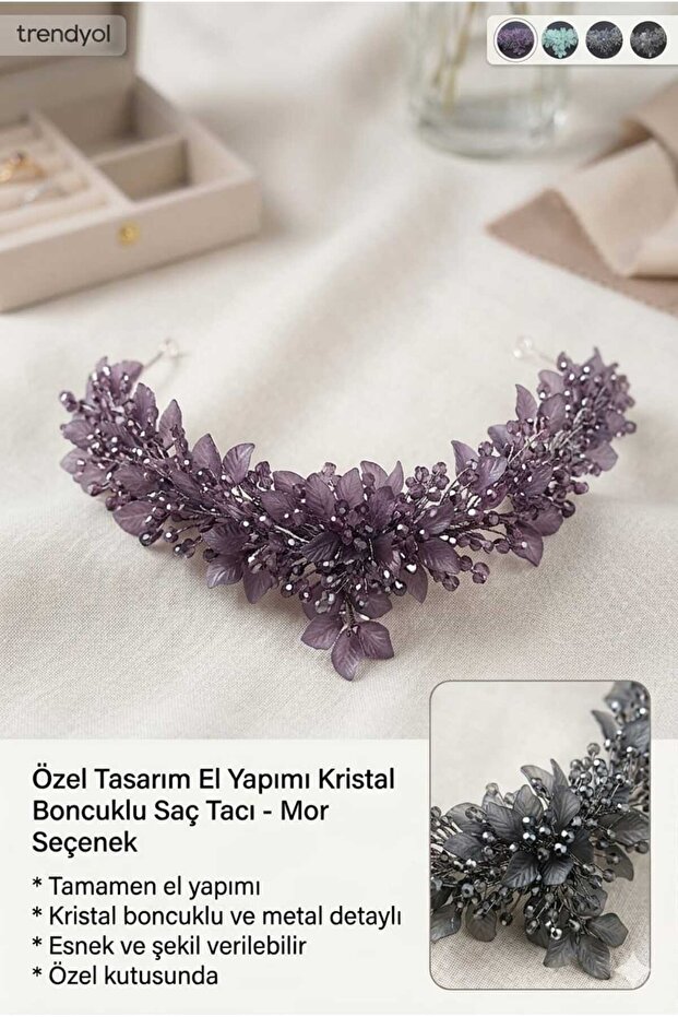 Handmade Crystal Beaded Hair Crown 30 cm - Special Design Accessory with Stylish Purple Stones - Bridal Crown