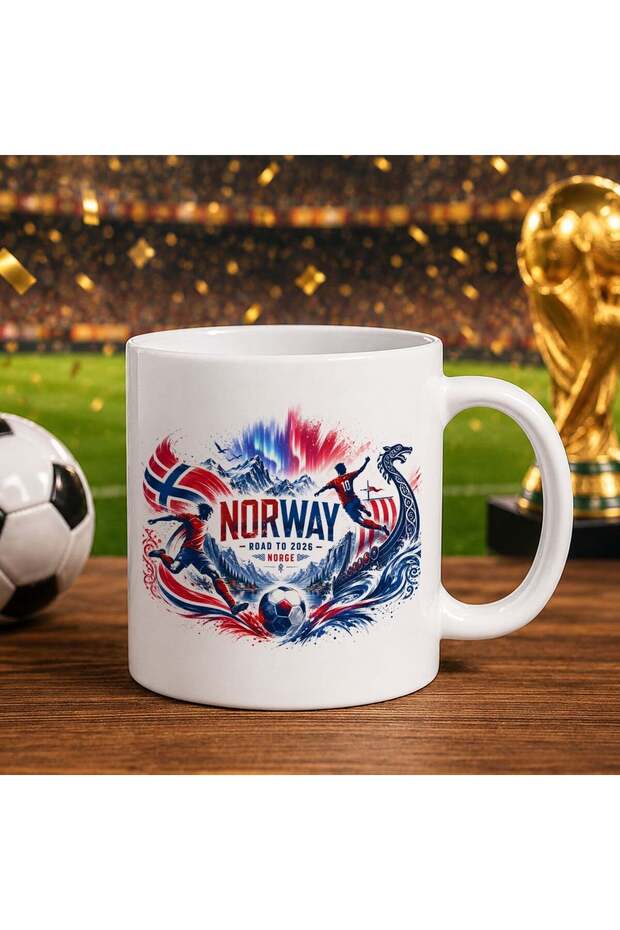 كأس أبيض بتصميم كأس العالم 2026 بتصميم مشجعي النرويج