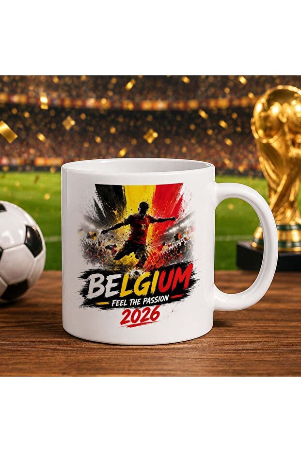 كأس أبيض بتصميم كأس العالم 2026 لمشجعي بلجيكا