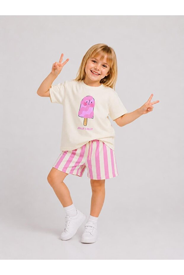 Girls' Summer Ice Cream Pattern T-Shirt and Shorts Set 3-10 Years